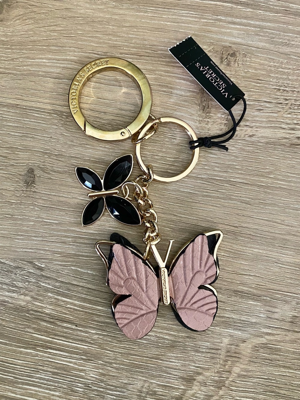 Rare Victoria's Secret Pink Butterfly Keychain with Black Crystal Accent